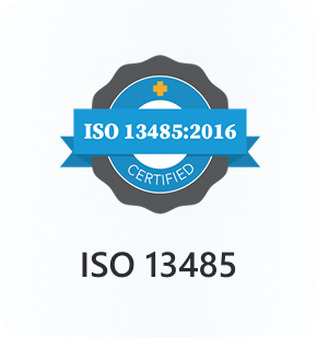 ISO 13485:2016 certified badge with cross icon and text ISO 13485 below it.