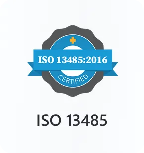 ISO 13485:2016 certified badge with cross icon and text ISO 13485 below it.
