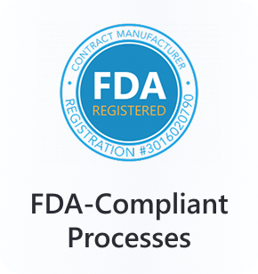 Blue circular FDA Registered seal with text FDA-Compliant Processes below it.