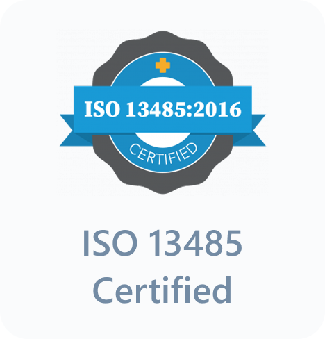 Badge featuring ISO 13485:2016 certification with a medical cross and text reading ISO 13485 Certified.