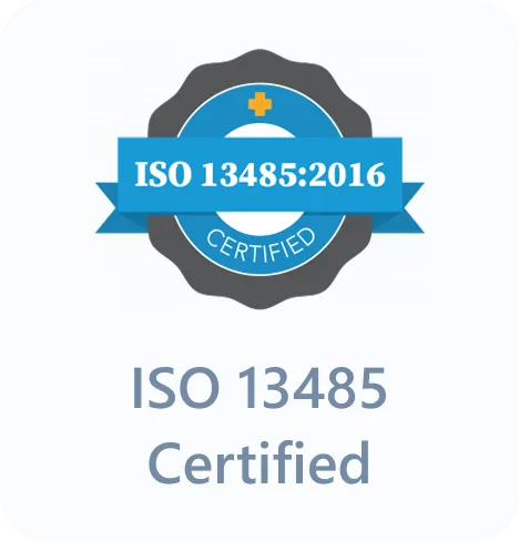 Badge featuring ISO 13485:2016 certification with a medical cross and text reading ISO 13485 Certified.