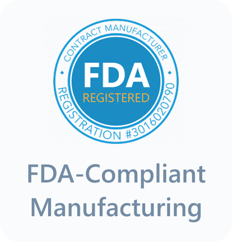 Blue FDA Registered seal with contract manufacturer registration number and text FDA-Compliant Manufacturing.