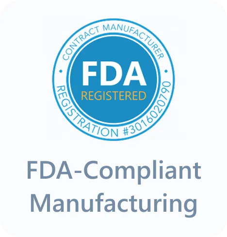 Blue FDA Registered seal with contract manufacturer registration number and text FDA-Compliant Manufacturing.