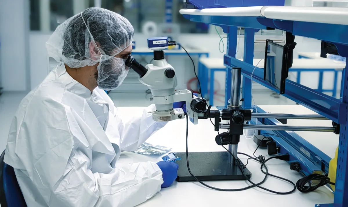 Quality inspection under a stereo microscope in the cleanroom