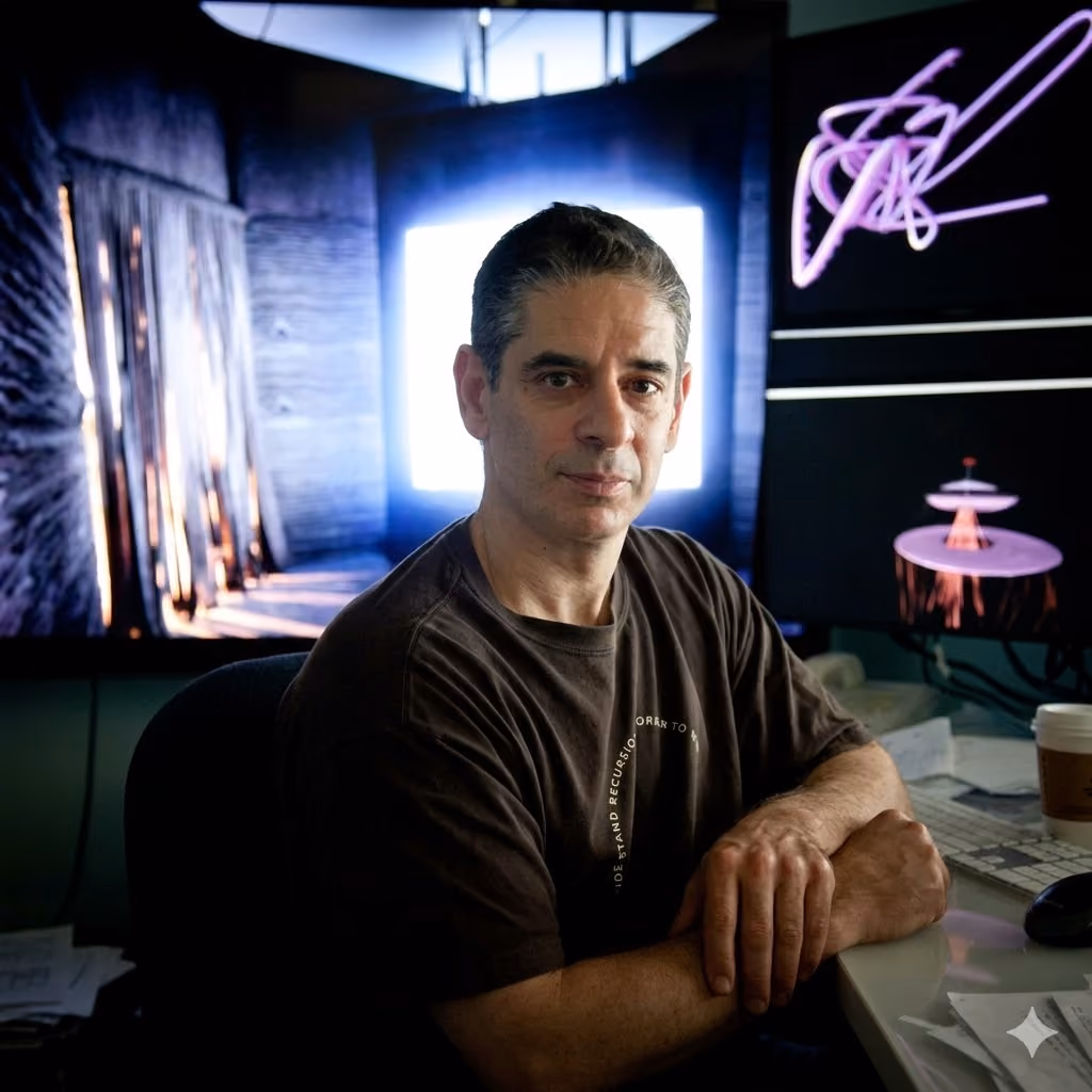 Man with short dark hair wearing a dark t-shirt sits at a desk with multiple computer monitors displaying abstract digital images.