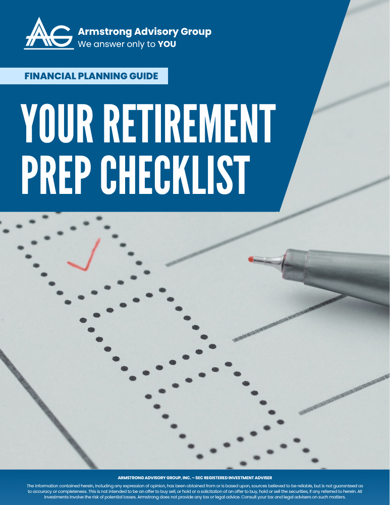 Cover page titled Your Retirement Prep Checklist with a pen and a checklist box checked in red ink.