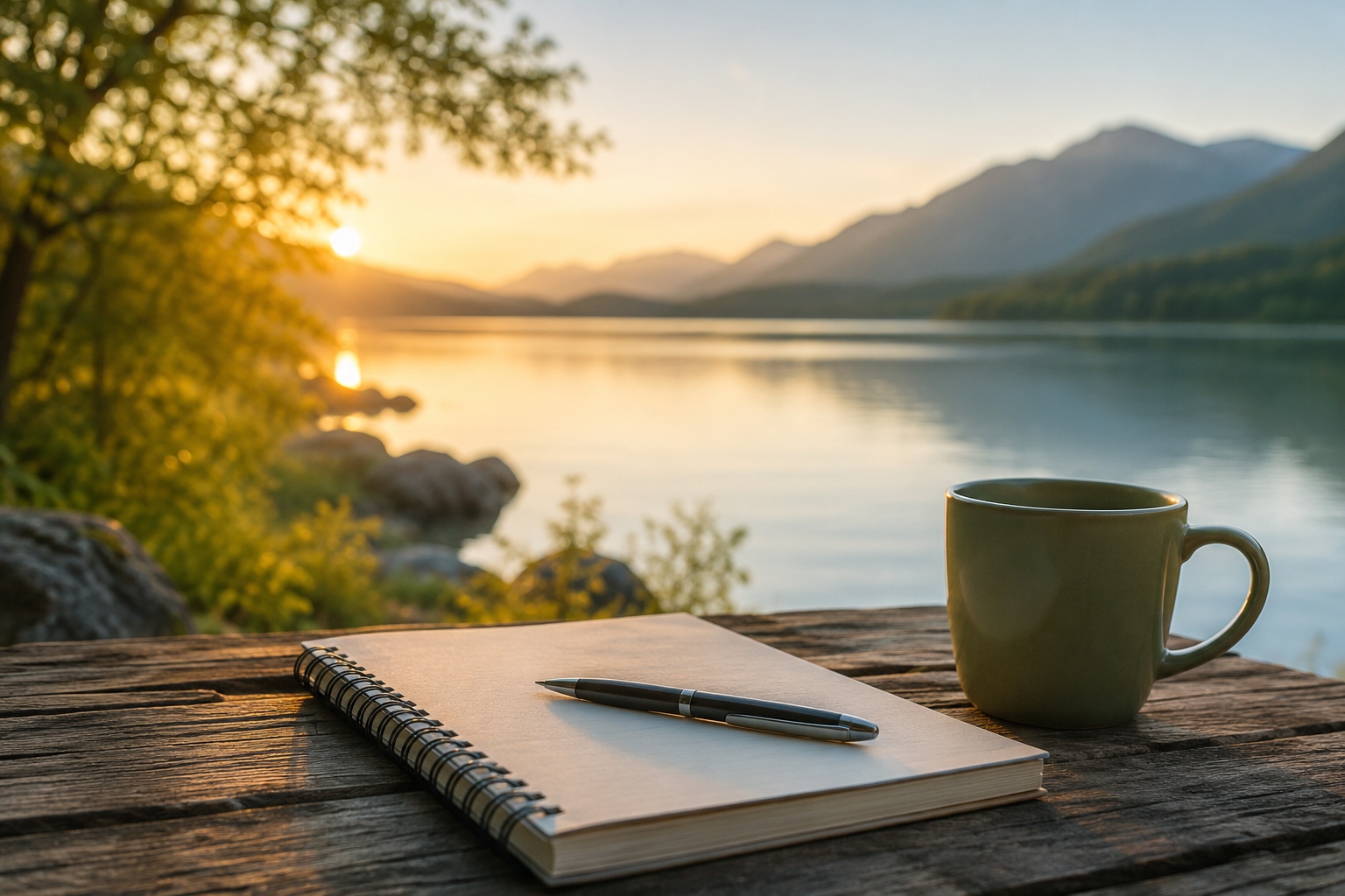 Serene lake notebook and coffee mug