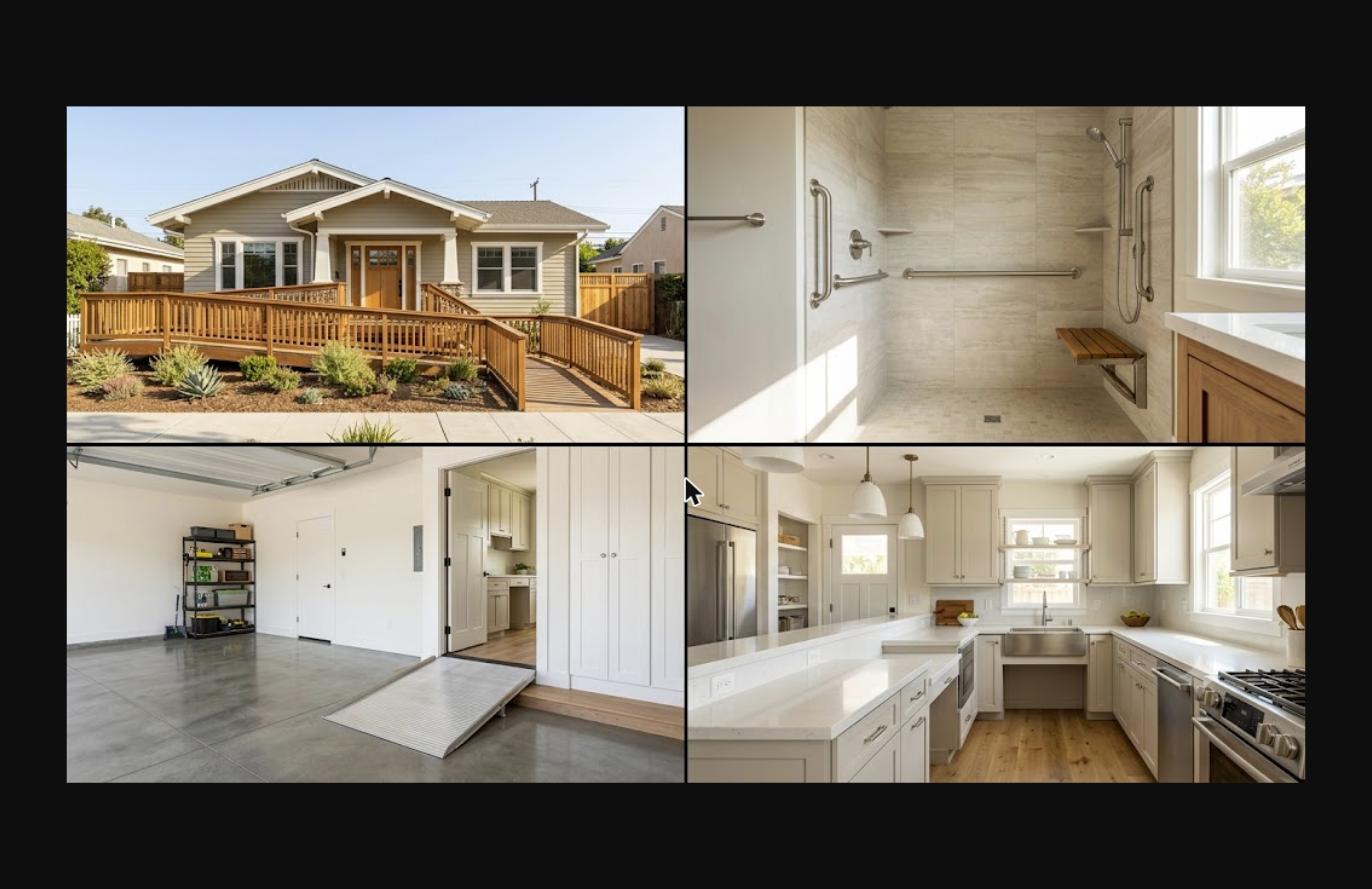 Accessibility home remodel collage - wheelchair ramp, grab bars, roll-in shower, and accessible kitchen in Orange County