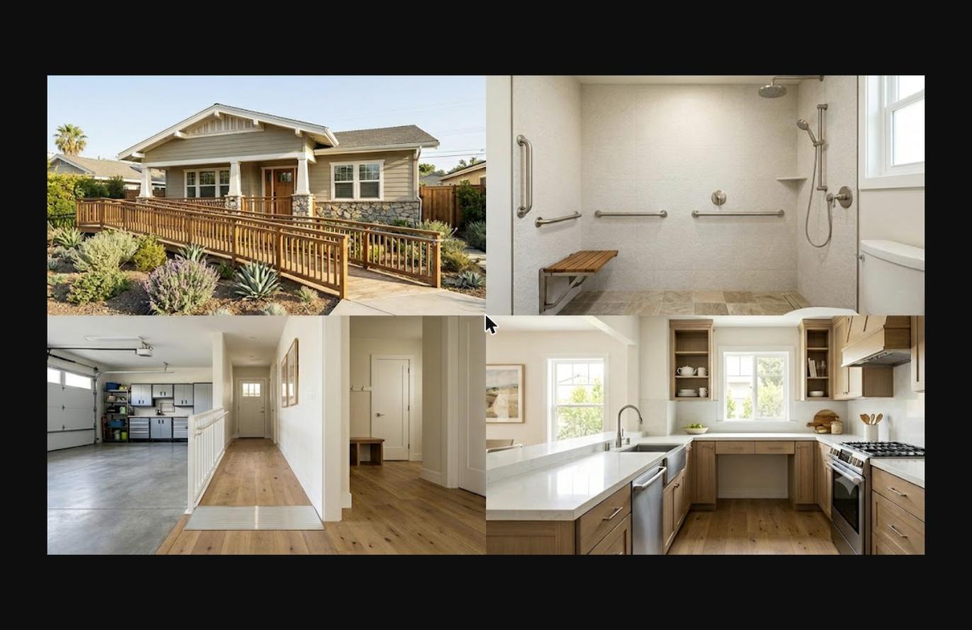 Accessible home remodel collage - house with ramp, barrier-free shower with bench, wide hallway, and accessible kitchen for seniors and veterans in OC