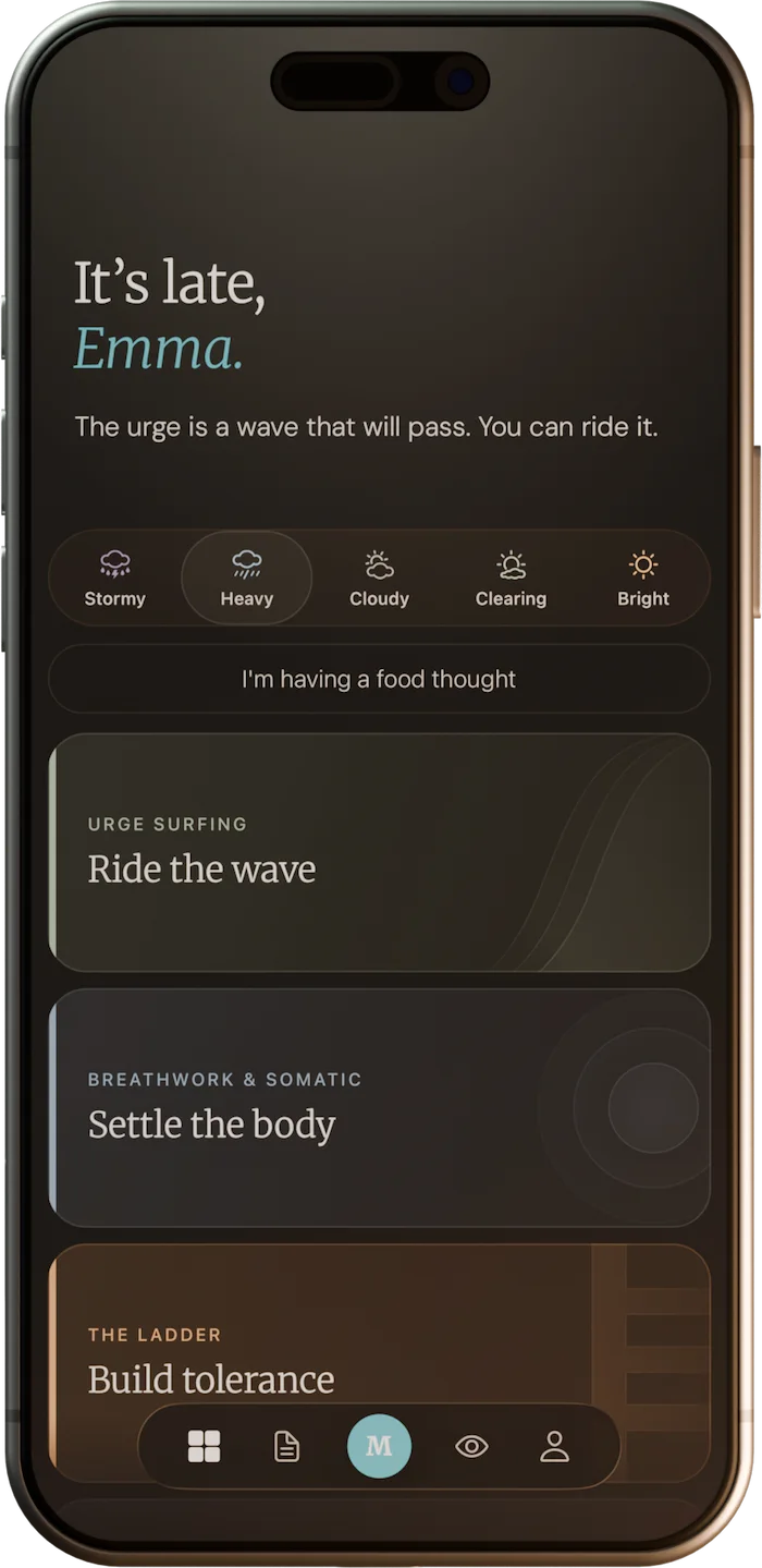 Dashboard showing mood weather options and suggested therapeutic activities like Urge Surfing, Breathwork, Cognitive Defusion, and The Ladder.