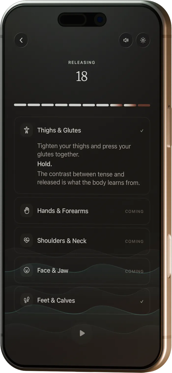 Guided Progressive Muscle Relaxation exercise with step-by-step body region prompts and a tension timer.
