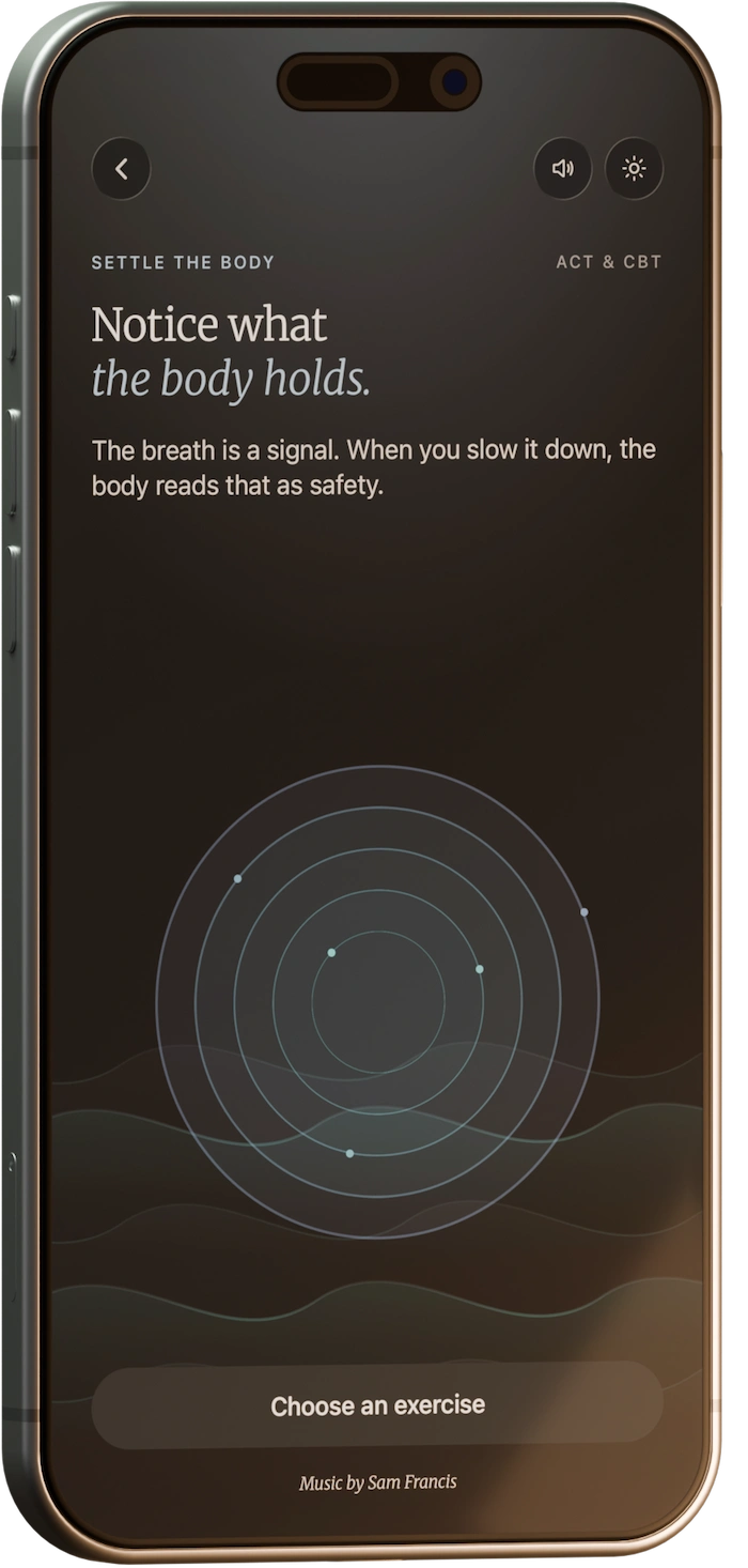 Guided breathing exercise with a lotus animation and timer during the deep inhale phase.