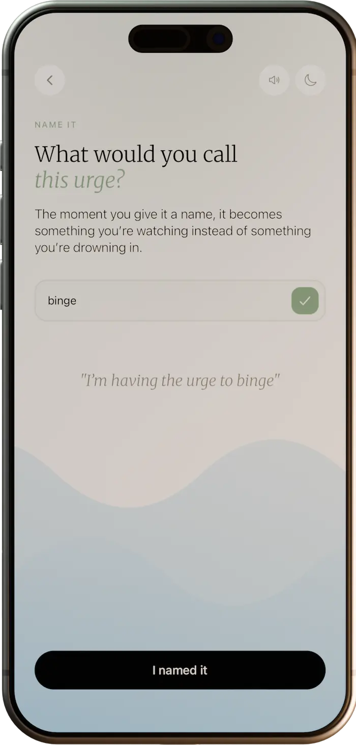 Urge Surfing exercise introducing the ride-the-wave technique with a timed breathing guide.