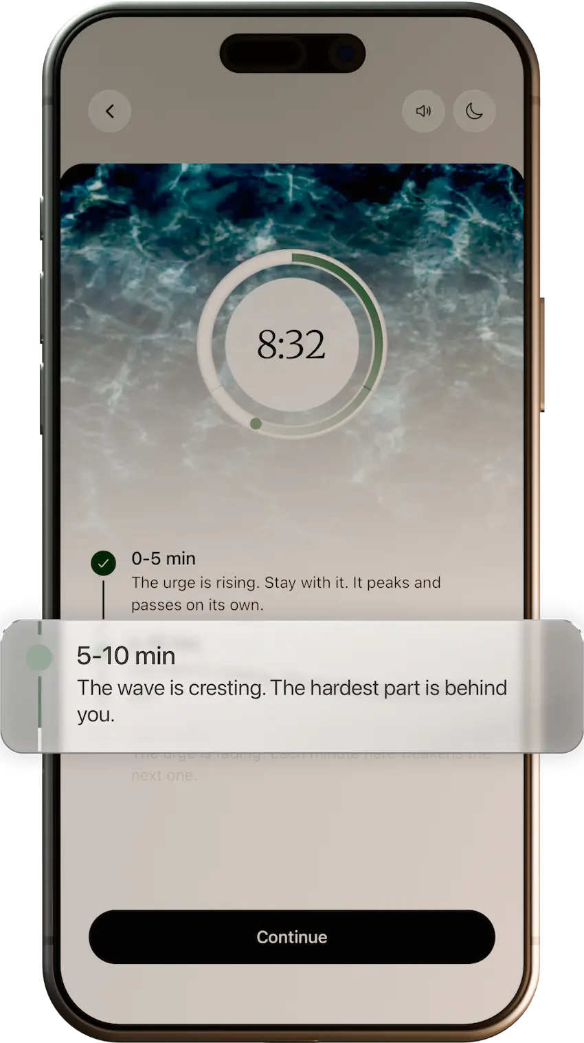Entry screen of urge surfing coping module that introduces how to ride out an urge like a wave.