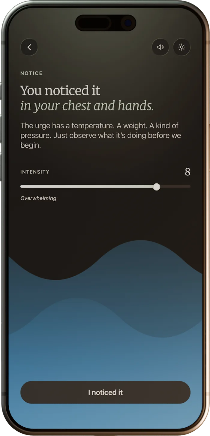 Entry screen of urge surfing coping module that introduces how to ride out an urge like a wave.
