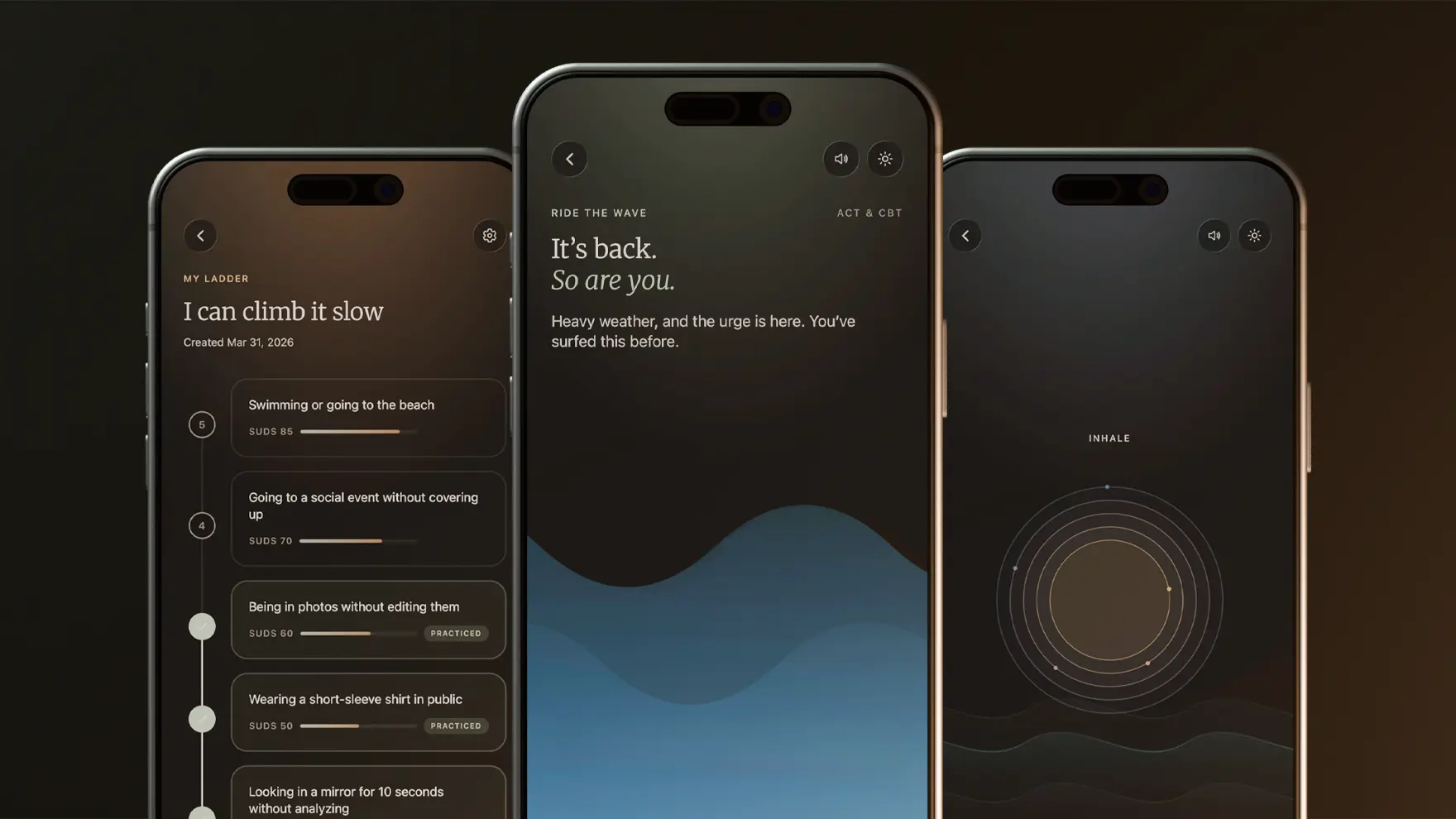Display of three app screens: urge surfing module, exposure hierarchy, and breathwork.