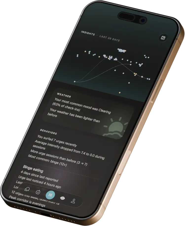 App screen showing weekly mood report and insights.