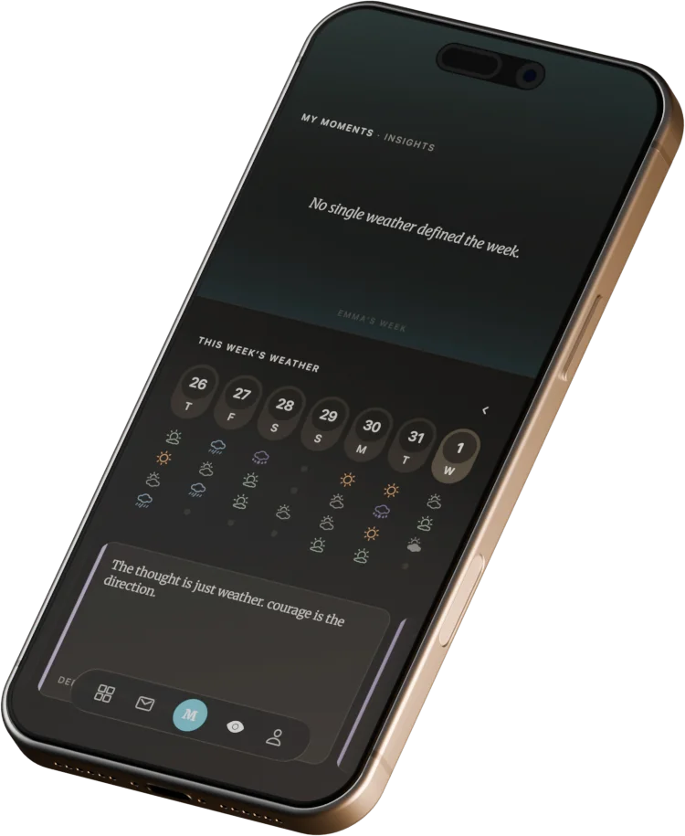App screen showing weekly mood report and insights.