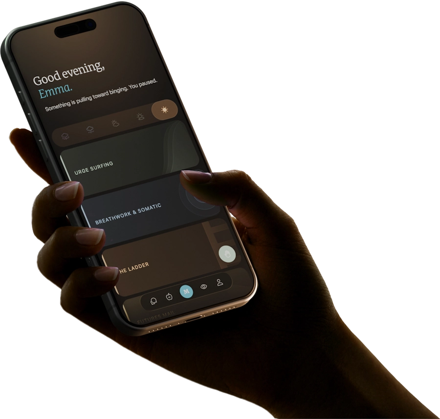 Hand holding a smartphone displaying a wellness app with sections titled Ride the wave, Settle the body, and Build tolerance.