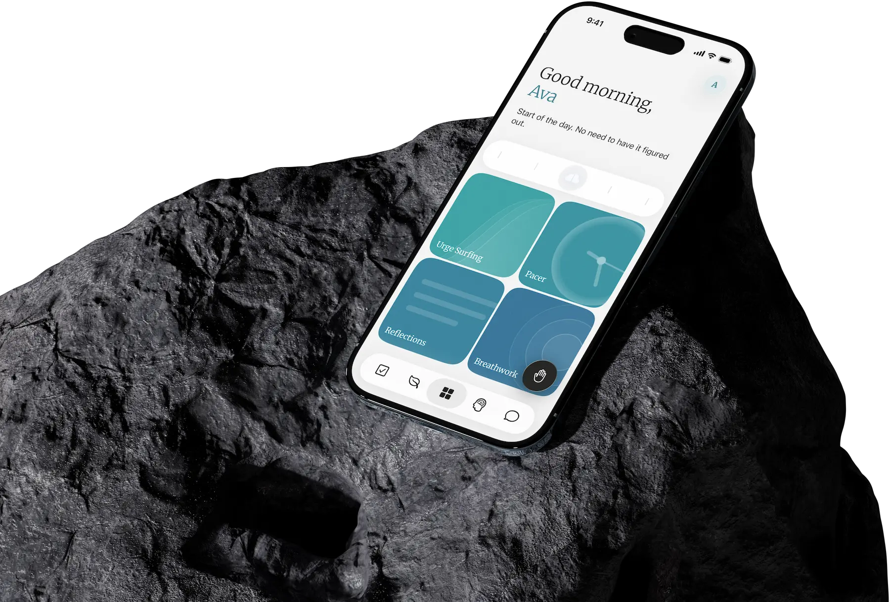 Smartphone displaying a wellness app dashboard with tiles for Urge Surfing, Pacer, The Ladder, and Breathwork.