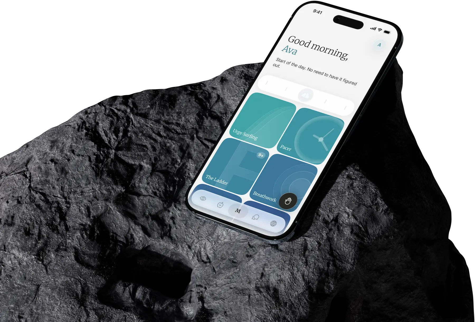 Smartphone displaying a wellness app dashboard with tiles for Urge Surfing, Pacer, The Ladder, and Breathwork.