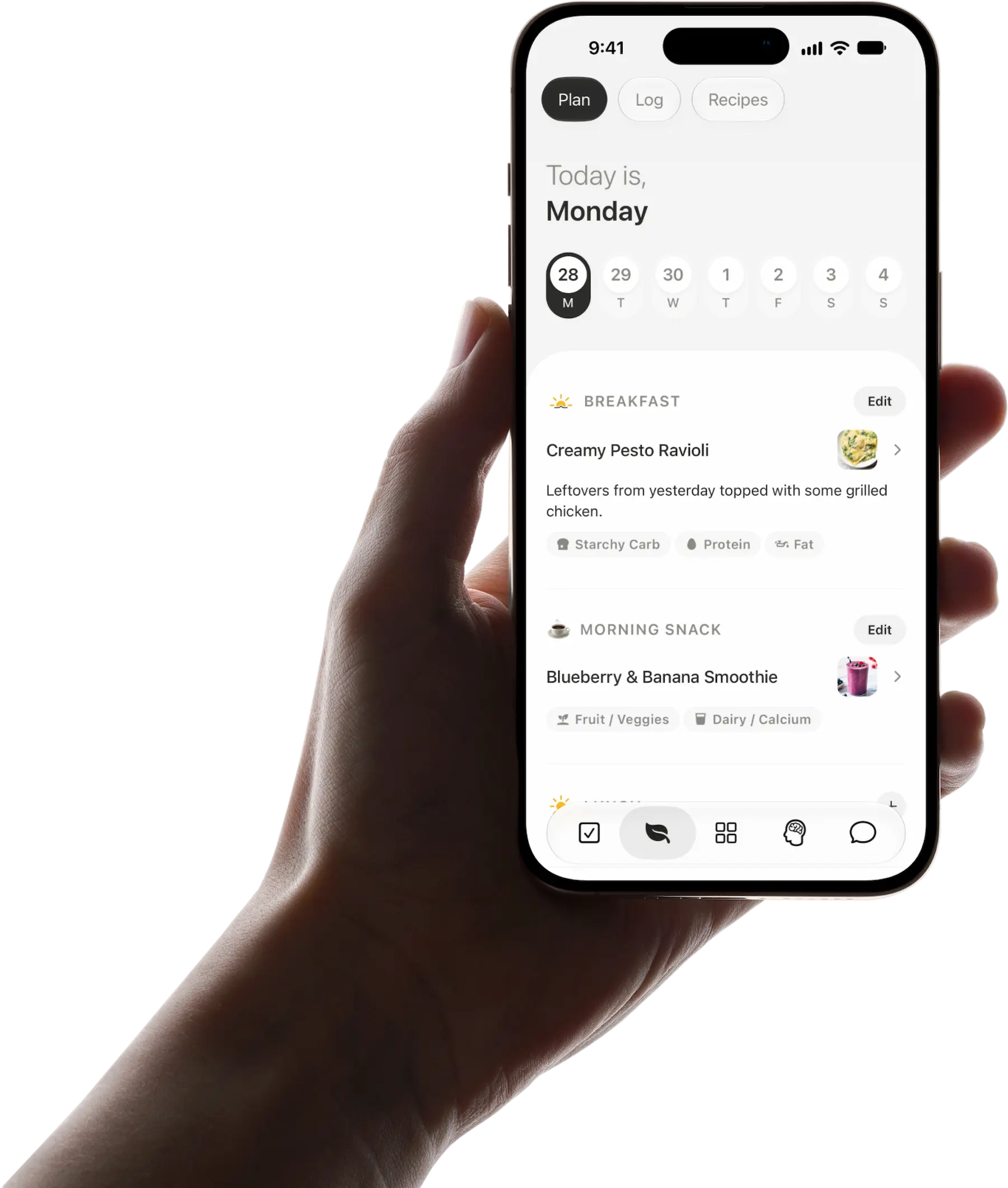 Hand holding a phone showing the Maureen meal plan