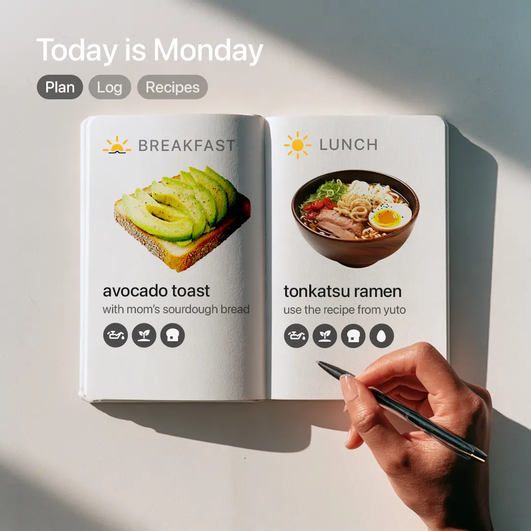 An open notebook planning the day's meals, avocado toast for breakfast and ramen for lunch, with a hand holding a pen