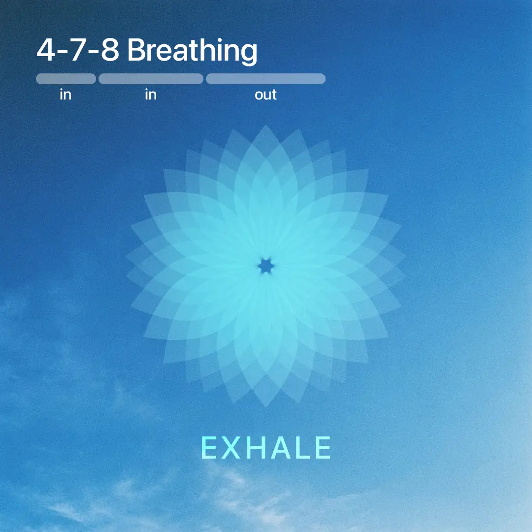 4-7-8 breathing guide shown as a teal rosette on a round cushion resting on a white linen bedsheet