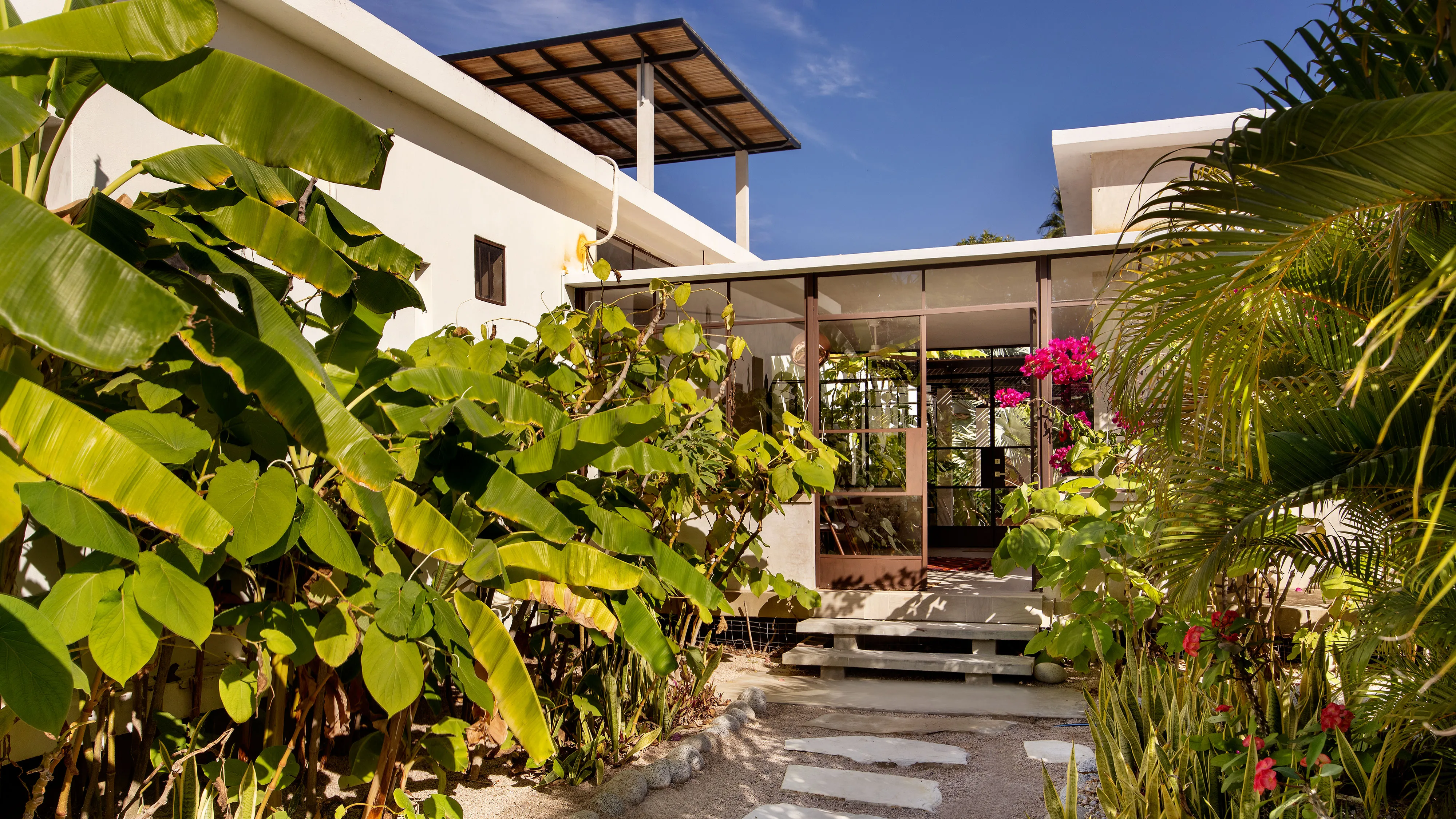 White modern building with glass doors surrounded by lush tropical plants and flowers under a clear sky.