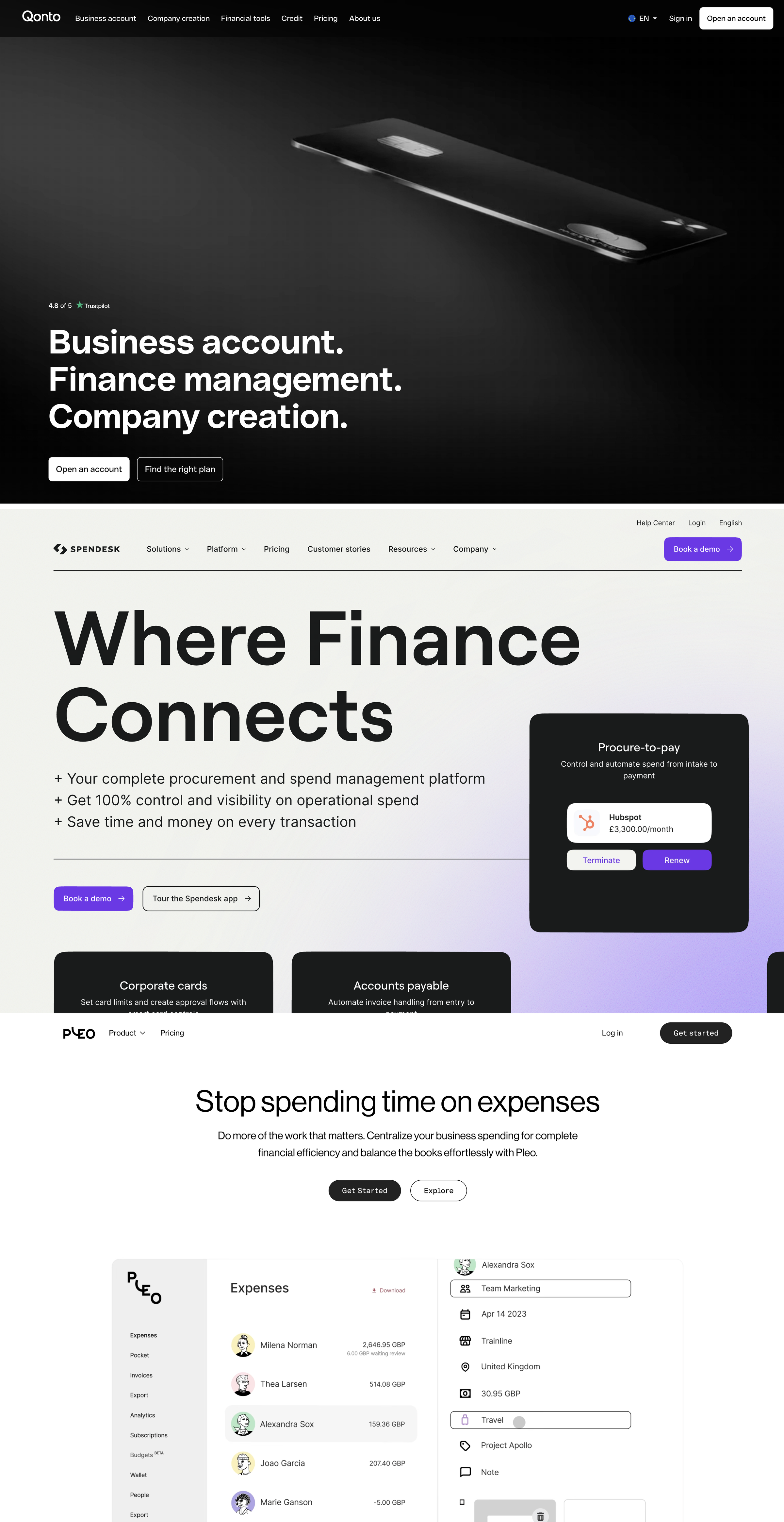 Qonto Spendesk and Pleo homepages stacked