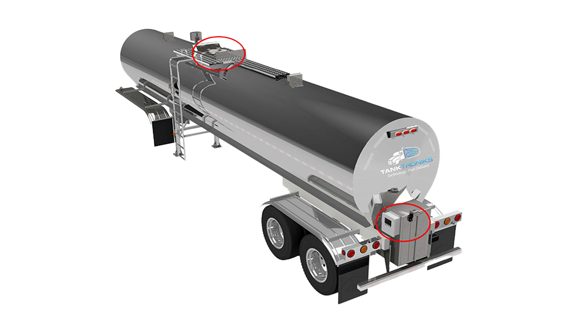 3D rendering of a tanker trailer with the logo 'TANKTRONIKS Technology That Delivers' and two red circles highlighting equipment on top and rear of the tanker.