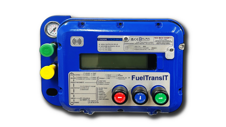 Optimate product image: blue box with a few colored buttons on the side front of the compartment, with a small screen on the front of the box