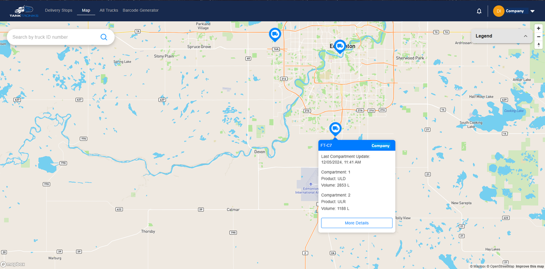 A map with pins on the map showing where all the trucks of a company are currently located