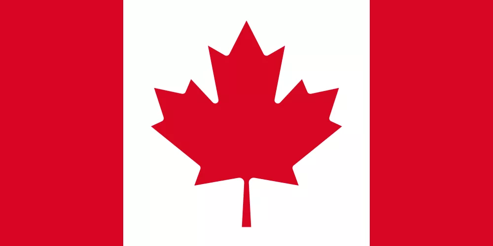 Canadian flag with a red maple leaf centered between two vertical red bands on white background.