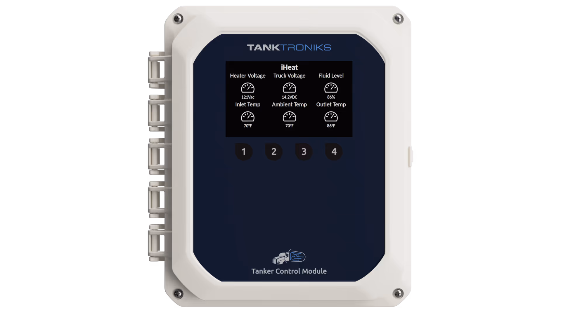 TankTroniks iHeat Tanker Control Module displaying heater voltage, truck voltage, fluid level, inlet, ambient, and outlet temperatures with labeled gauges.
