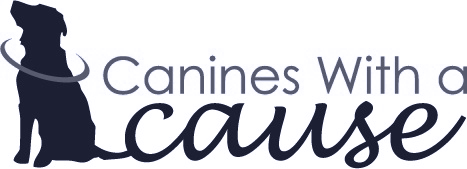 Logo of a sitting dog silhouette with the text 'Canines With a Cause'.