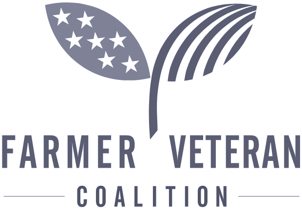 Farmer Veteran Coalition logo featuring two stylized leaves, one with stars and the other with stripes, symbolizing the American flag.