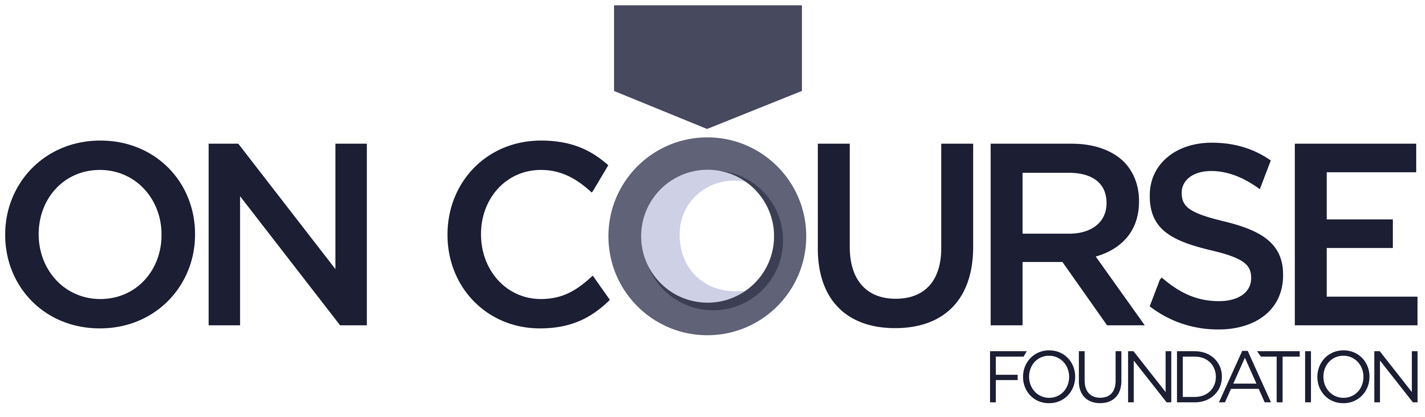 Logo for On Course Foundation featuring the word 'ON COURSE' with a target-like design inside the letter O and a downward arrow above it, and the word 'FOUNDATION' below.
