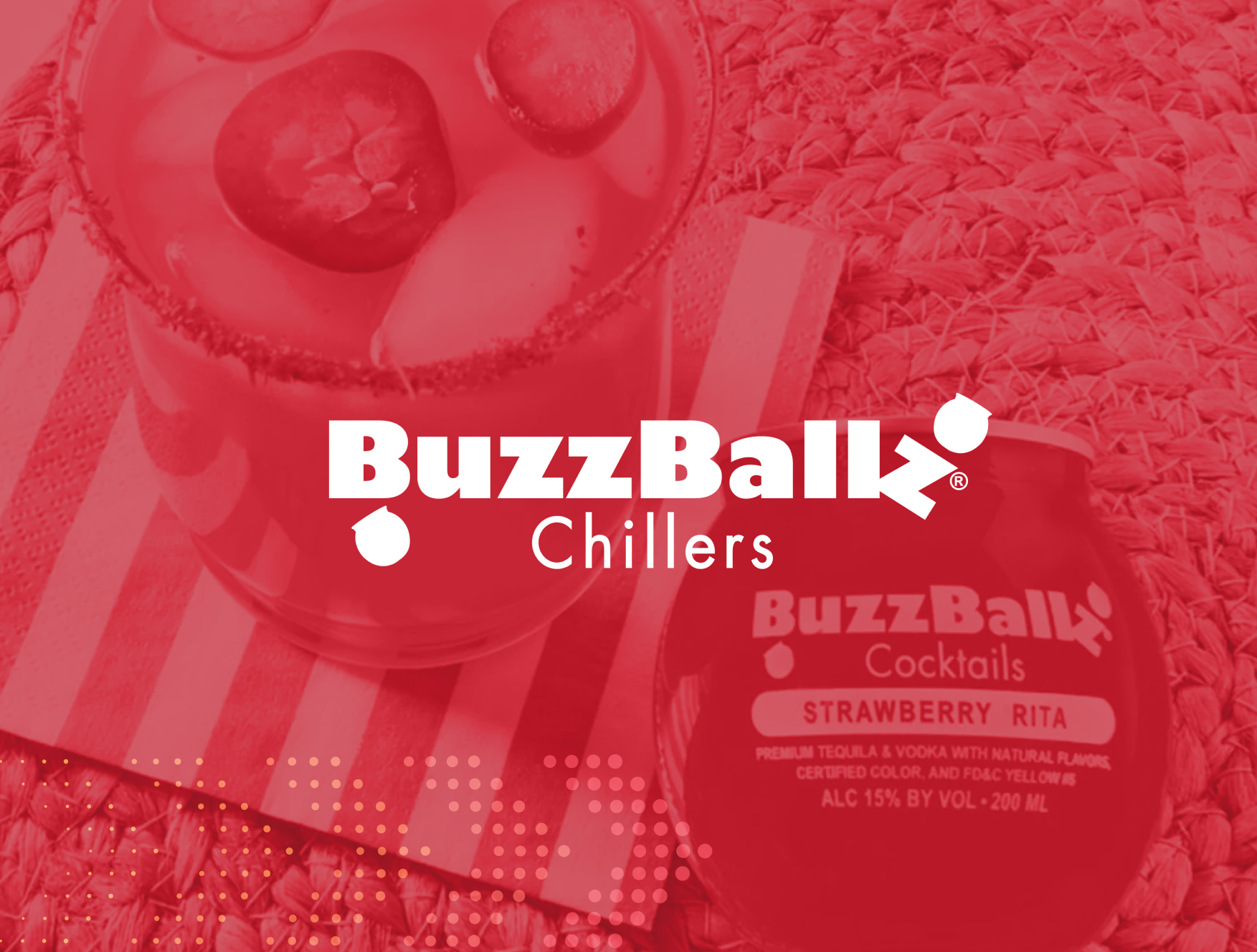 BuzzBallz Chillers logo over a background showing a cocktail glass with ice and strawberries next to a BuzzBallz Strawberry Rita canned cocktail on a woven placemat.
