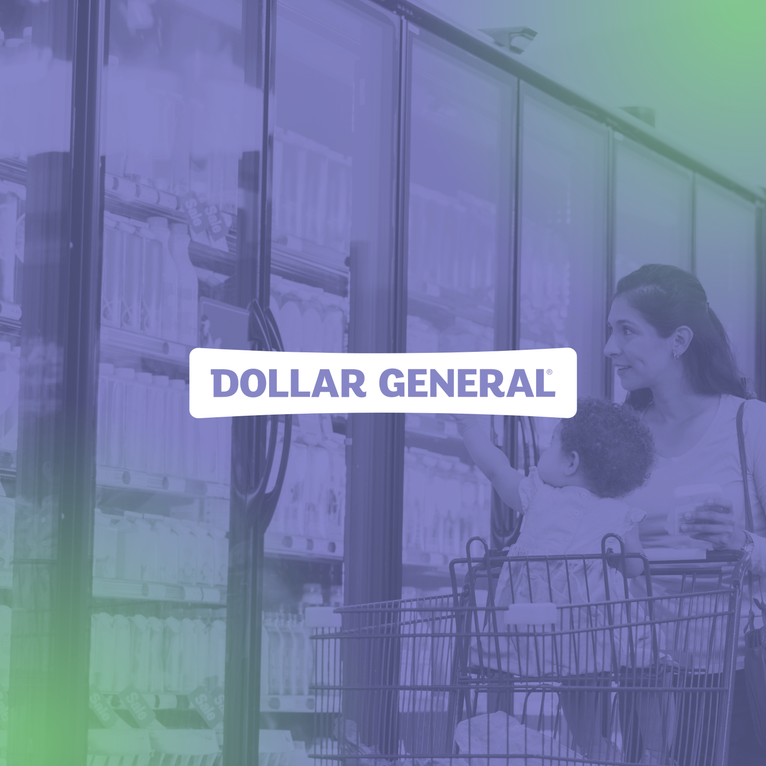A mother with a child in a shopping cart selects items from refrigerated shelves in a store, overlaid with the Dollar General logo.