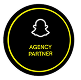 Yellow outlined circle with a white ghost icon inside and the text 'AGENCY PARTNER' below it on a black background.