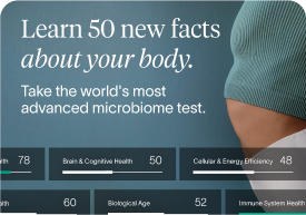 Partial image showing text inviting to learn 50 new facts about your body with the world's most advanced microbiome test, beside a person’s midsection in a green sweater.