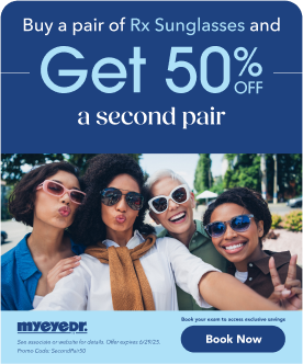 Advertisement offering 50% off a second pair of Rx sunglasses with an image of four women wearing sunglasses smiling and posing for a selfie outdoors.
