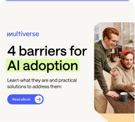 Cover of a multiverse eBook titled '4 barriers for AI adoption' with a photo of two people working together at a table.