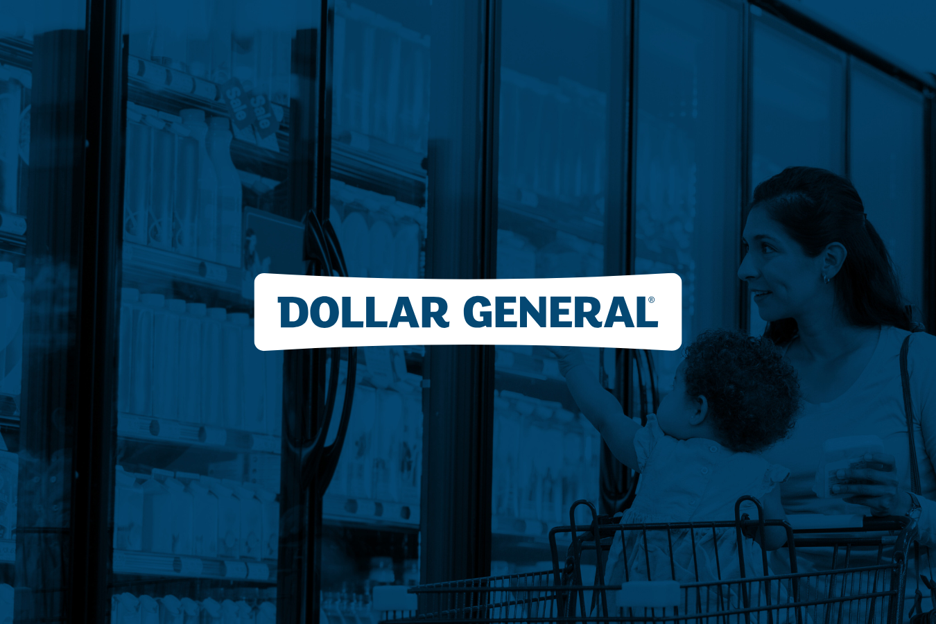 Mother and child shopping in a grocery aisle with refrigerated products behind glass doors and Dollar General logo overlay.