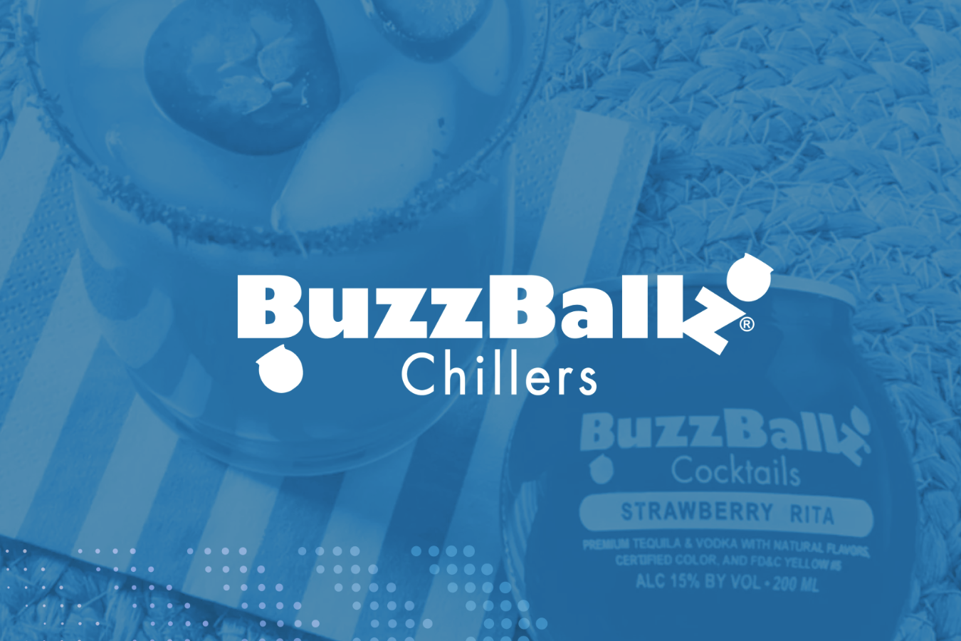 BuzzBallz Chillers logo overlaid on an image of a cocktail glass with a salted rim and a BuzzBallz Cocktails Strawberry Rita bottle.