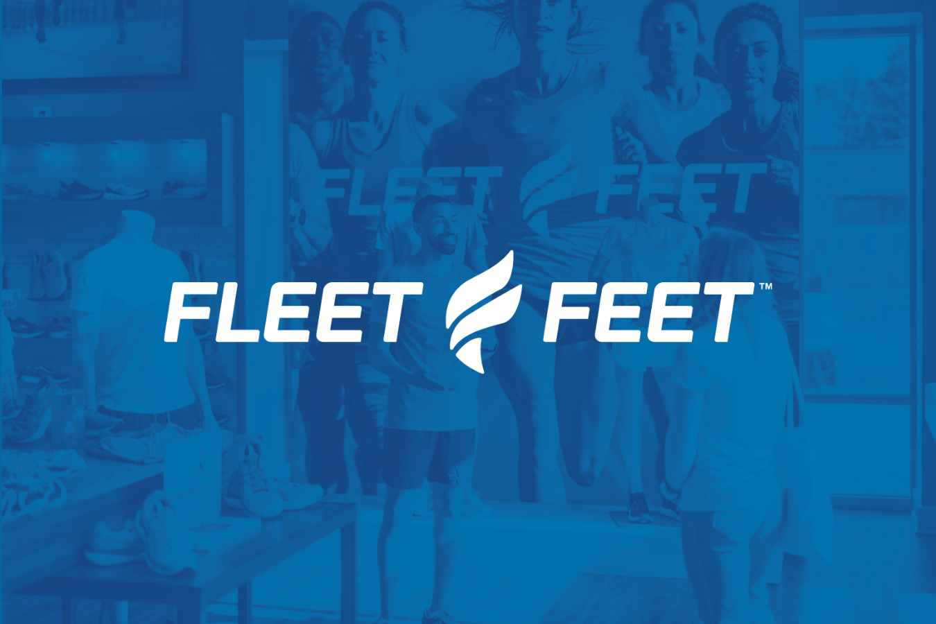 Fleet Feet logo overlaid on a running shoe store interior with people and shoe displays.