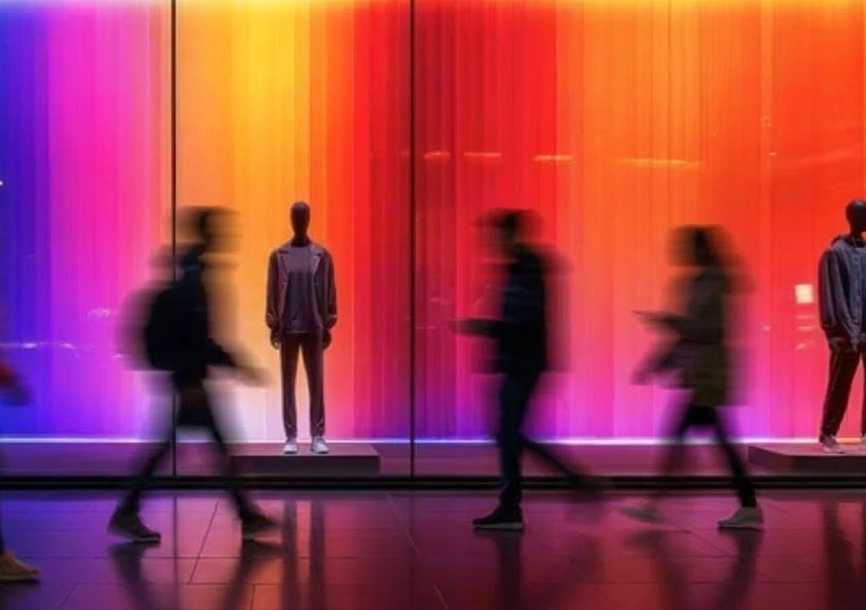 a group of people passing a colorful retail display wall
