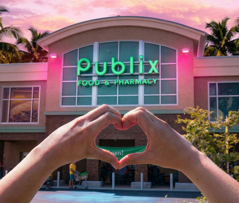 a person holding up heart hands in front of a publix store