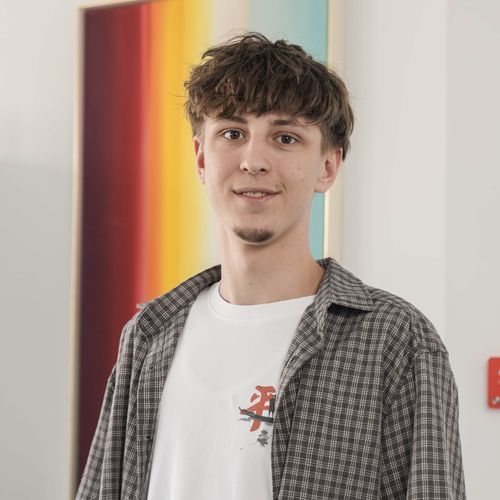 Junger Mann mit braunen, welligen Haaren, trägt weißes T-Shirt und kariertes Hemd vor buntem abstraktem Kunstwerk.
